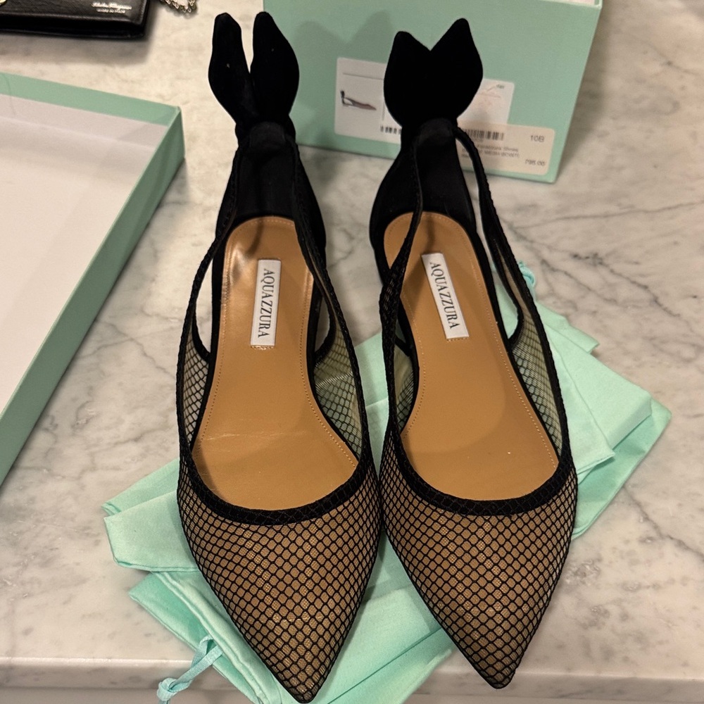 Aquazzura Black and Tan Mesh flats